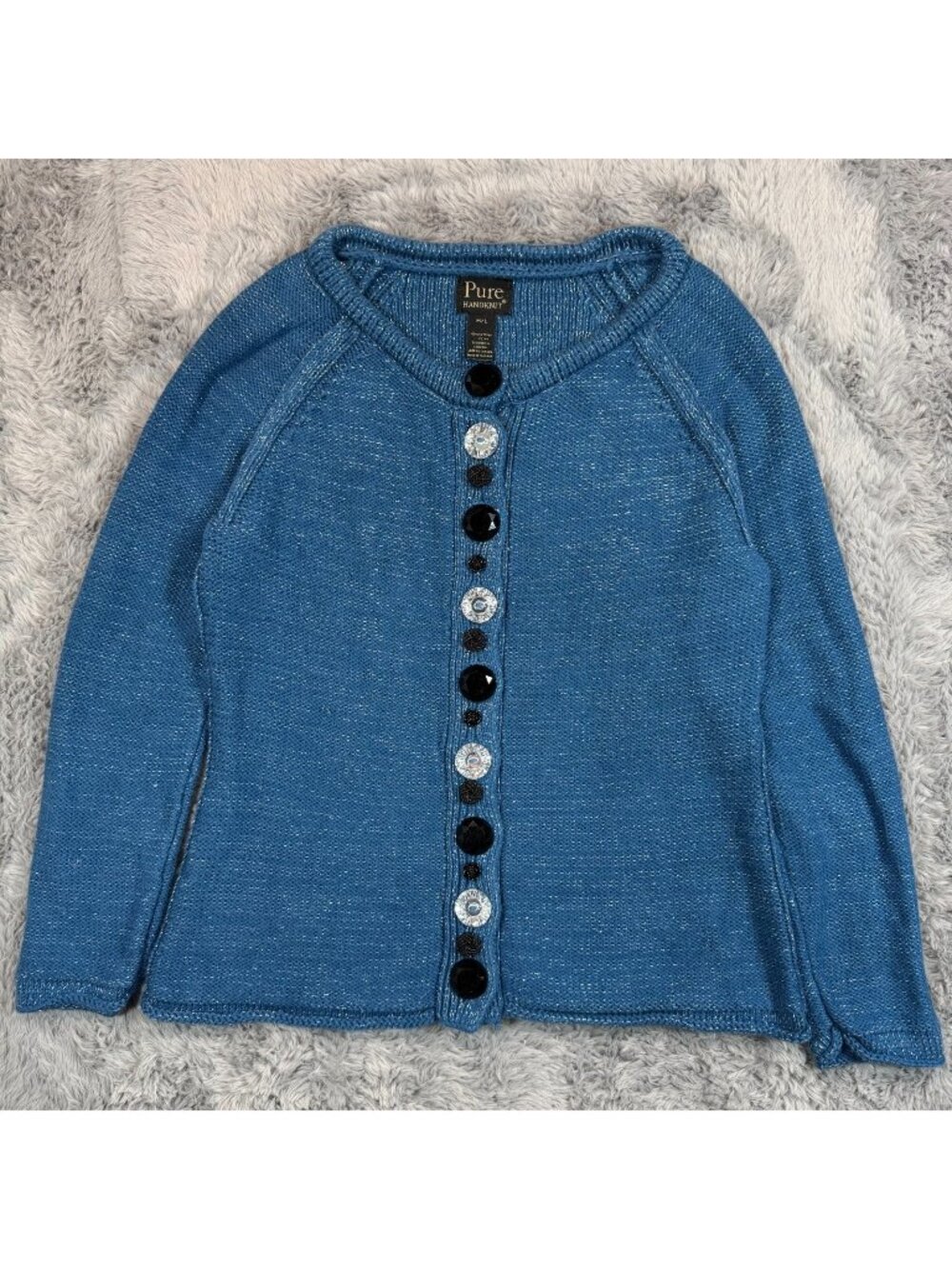 Pure Handknit Sweater Women's L Blue Cotton Cable-Knit Cardigan Winter Holiday